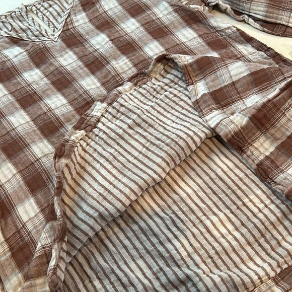 Crescent double gauze, brown and white plaid with striped trim blouse small - Picture 8 of 9
